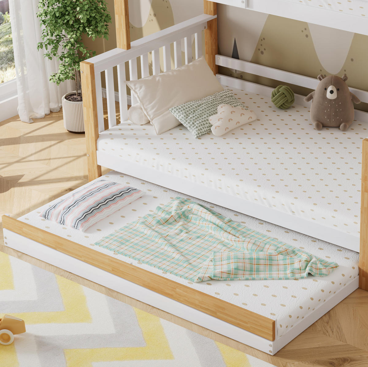 ETAGENBETT aus Kiefer und MDF 90x200/120x200 cm Weiß/Natur mit Rollbett, Stauraumtreppe und Fallschutz - Weiß, Holzwerkstoff (90/200cm) - Modfu