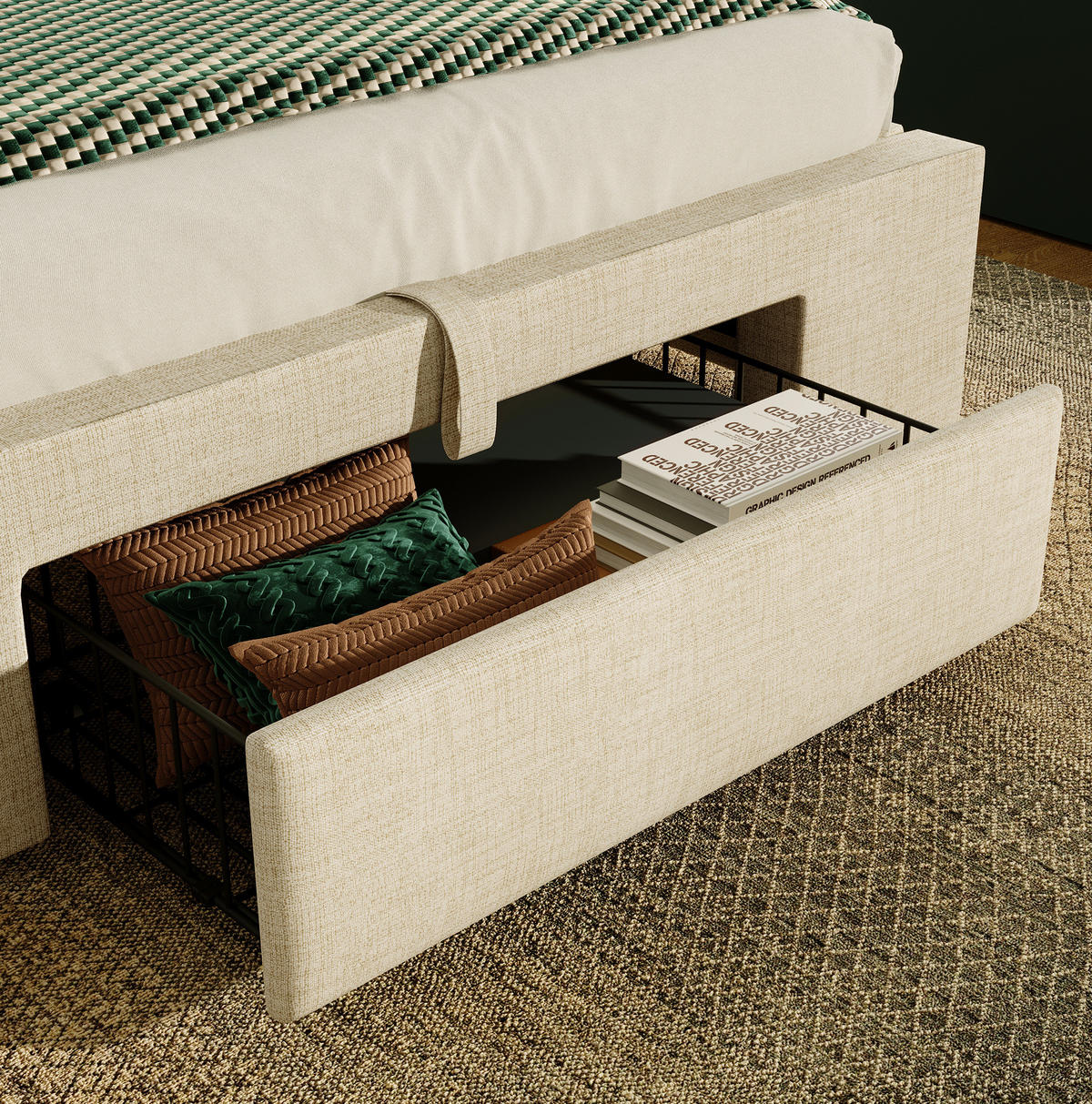 POLSTERBETT mit Stauraum 90x200 cm Leinen Beige mit LED - Beige, Metall (90/200cm) - Meubliv