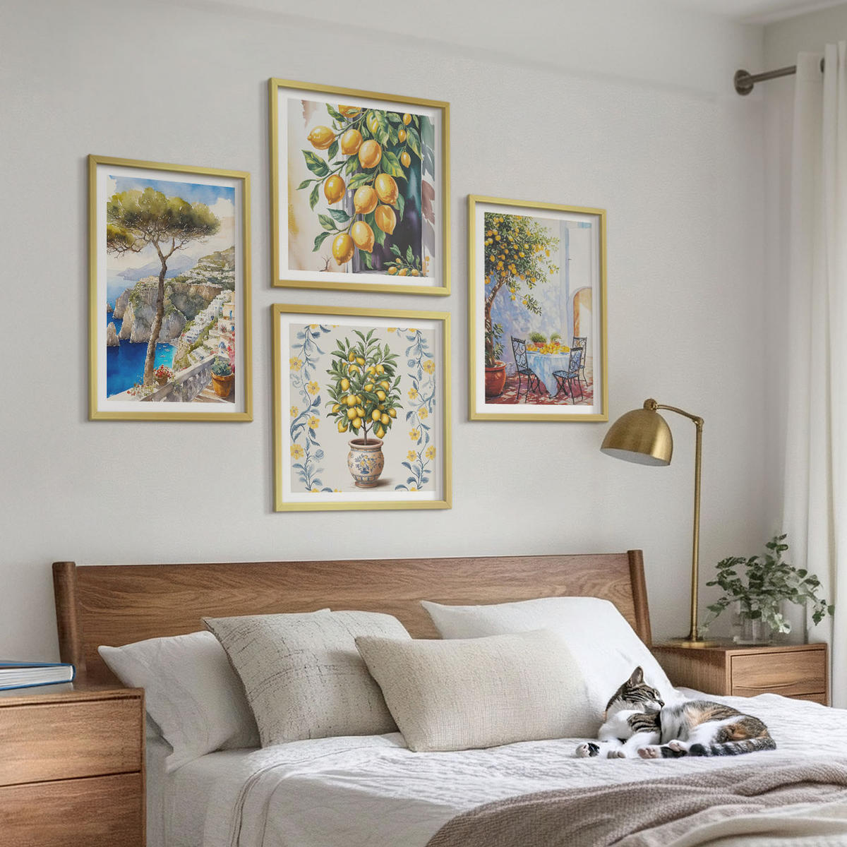 WANDBILDER 4er Set - 50x50 cm & 40x60 cm Goldrahmen - Zitronenbäume am Meer - Goldfarben, Kunststoff (50/50cm) - ArtPrintCave