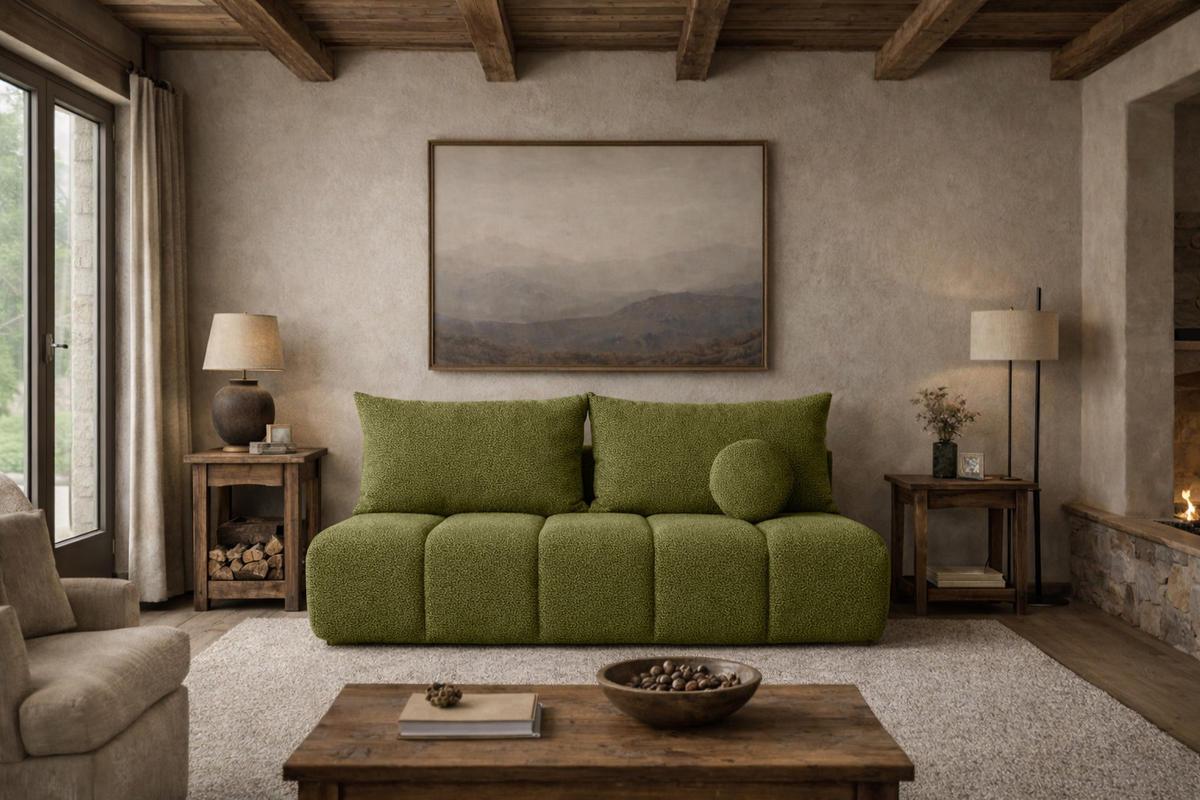 SOFA Mit Schlaffunktion Und Bettkasten, Chenille-Stoff Flow, Olive, PIANO - Olivgrün, Holz (207/91/103cm) - Kaiser Möbel