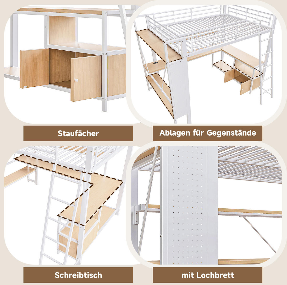 HOCHBETT 90/200 cm Weiß aus Metall und MDF mit Schreibtisch - Weiß, Metall (90/200cm) - OKMYHOME