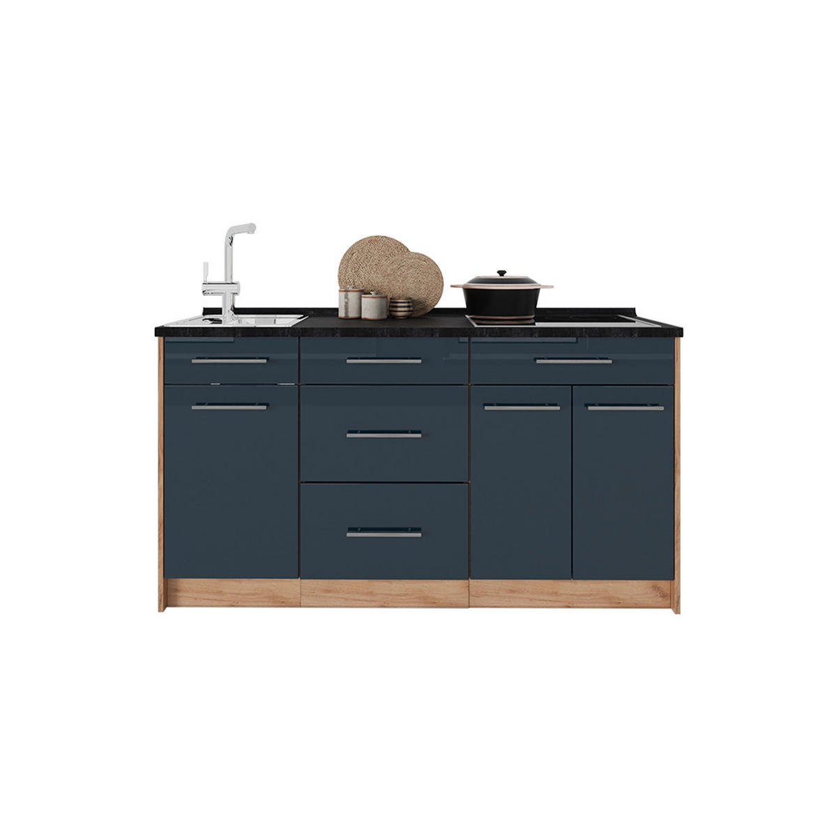 KUCHYNSKÝ BLOK Fame-Line, Tmavo modrá vysoký lesk, 150 cm, AP Marble - tmavomodrá/dub medový, kompozitné drevo (150/82/60cm) - Vicco
