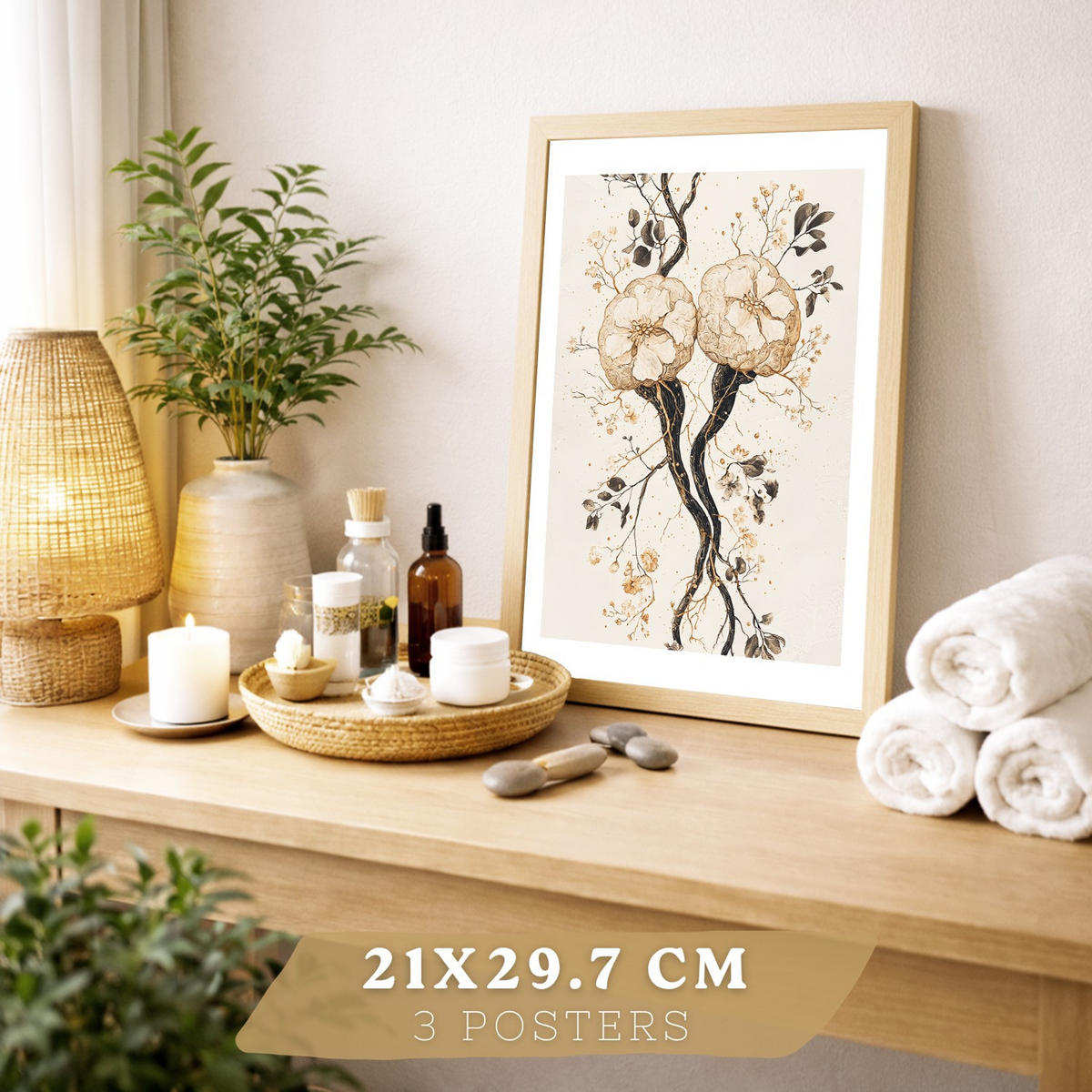 POSTER Set aus 3 Neuronale Anatomie Drucke und Wandbilder mit Neuronen Synapsen und Gehirn Minimalistischer Floraler Stil Größe Leichter Holzrahmen A4 - Beige, Papier (21/29.7/3cm) - Nacnic
