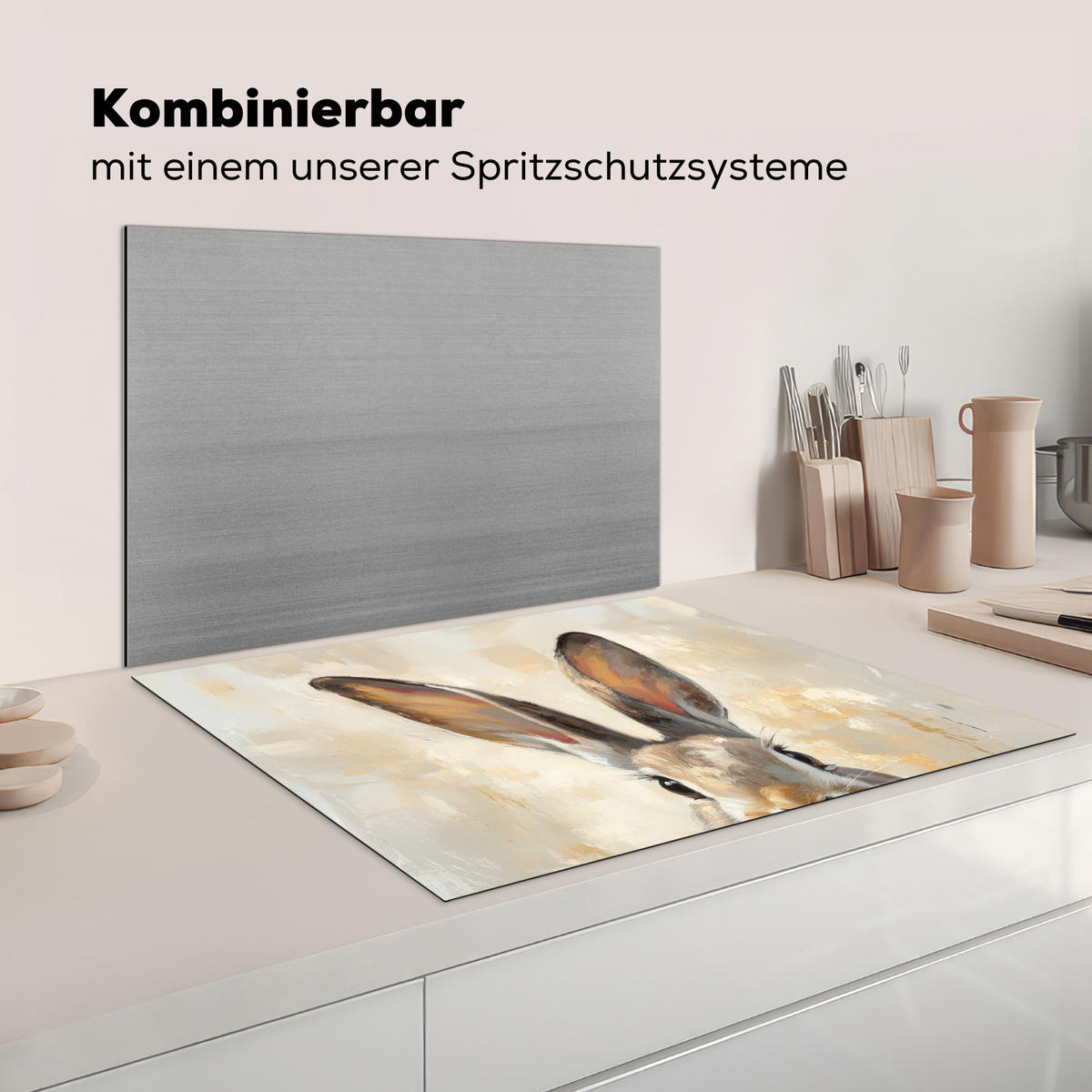 HERDABDECKPLATTE Hase - Ohren - Braun Induktionsmatte 77x59 cm - Beige, Kunststoff (77/59/0.2cm) - MuchoWow