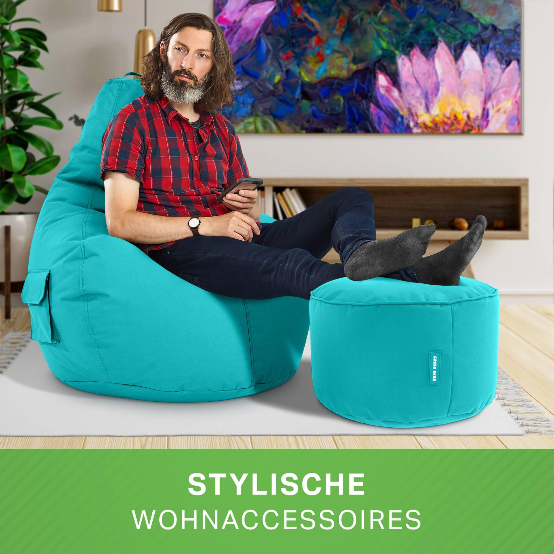 SITZSACK + Hocker "Cozy+Stay" 2er Set - Türkis, Textil (70/90/80cm) - Green Bean