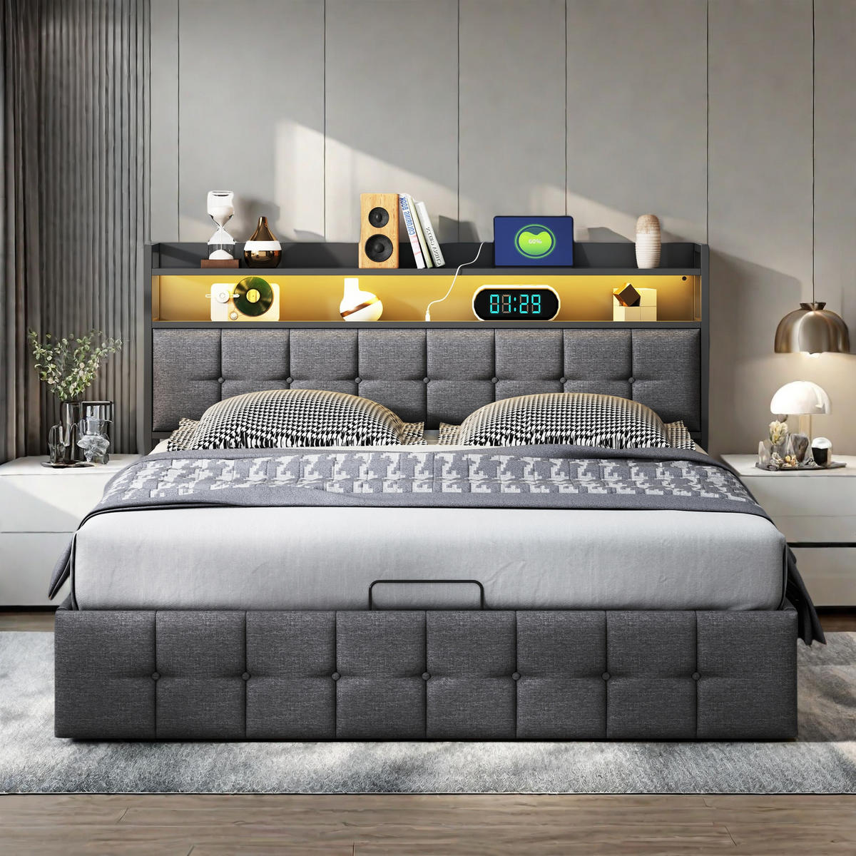 STAURABETT 140x190 GRAU KUNSTLEDER LED LADEANSCHLUSS - Grau, Holzwerkstoff (140/200cm) - SHOPENTRA
