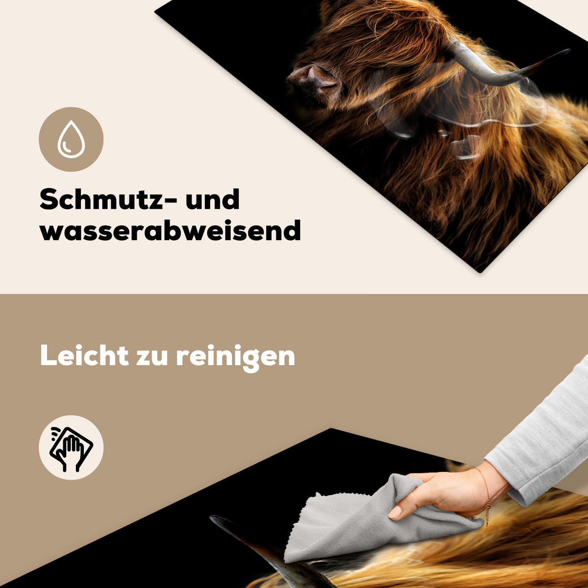 HERDABDECKPLATTE Schottischer Highlander - Hörner - Schwarz - Tiere - Natur - Wild - Kuh Induktionsschutz 89.6x51.6 cm - Cognac, Kunststoff (89.6/51.6/0.2cm) - MuchoWow