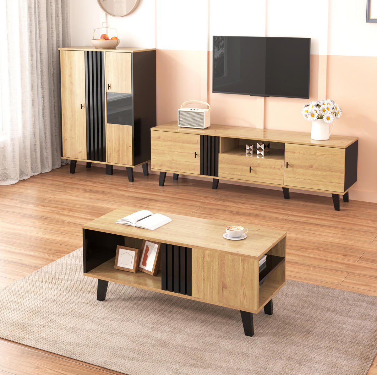 SIDEBOARD 80/40/120 cm holzfarben/schwarz aus Spanplatte mit Glastüren und LED-Beleuchtung - Eichefarben, Holzwerkstoff (80/120/40cm) - OKWISH