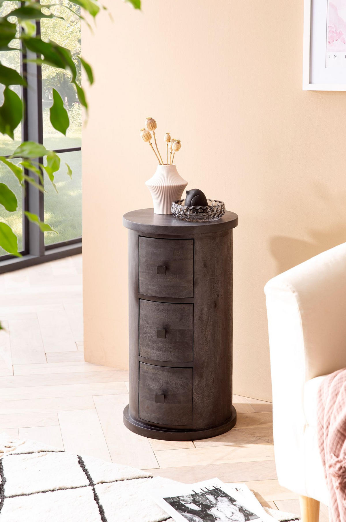 KOMMODE – Mango Massivholz, 34x65x34 cm, 3 Schubladen, schmal, schwarz - Schwarz, Holz (34/65/34cm) - KADIMA DESIGN