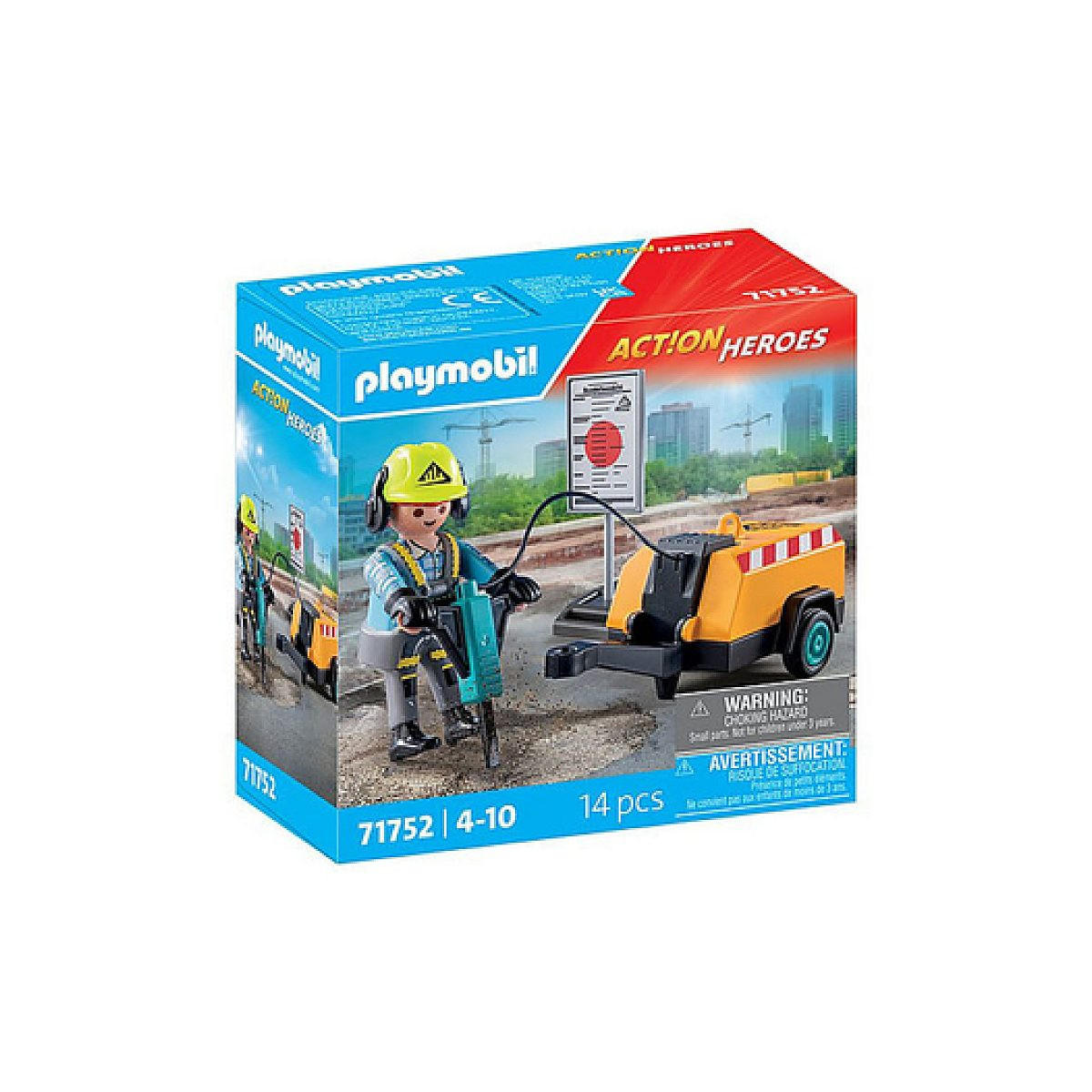 SPIELSET Arbeiter mit Presslufthammer und Signalisierung - Blau, Kunststoff (7/14/14cm) - Playmobil