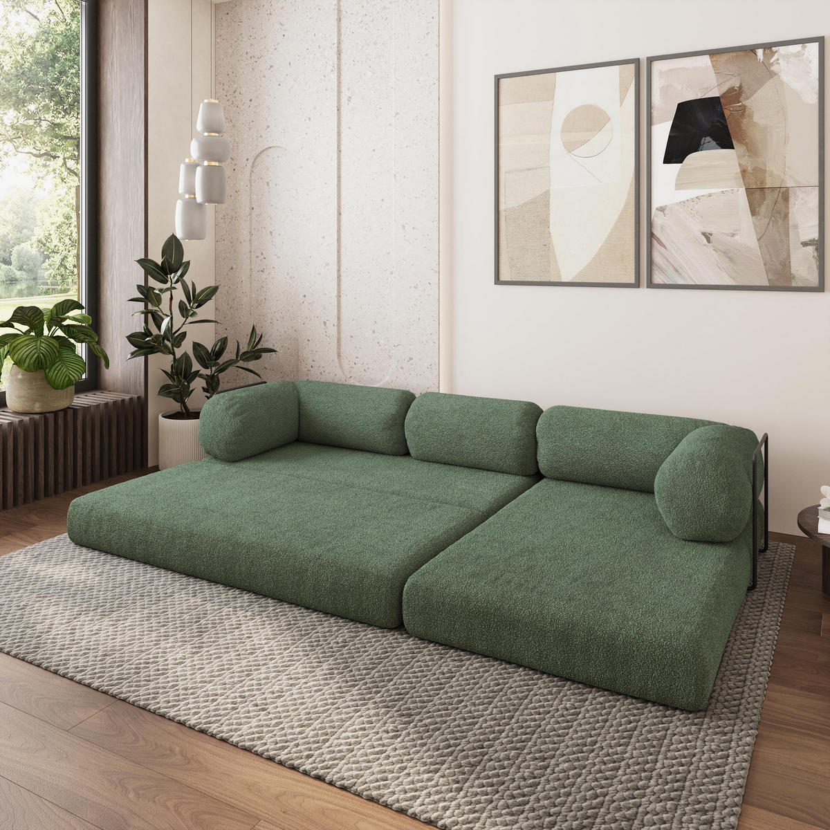 ROHOVÁ SEDAČKA KELI modulární Boneless pohovka s funkcí spaní, zelená barva QUELLE 37 - zelená barva, textil (270/160cm) - MASSENO