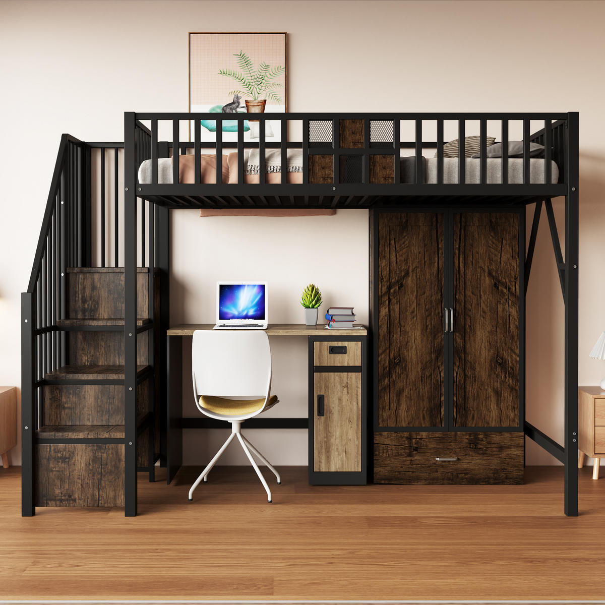 HOCHBETT 90/200 cm Schwarz mit Kleiderschrank und Sicherheitsleiter - Schwarz, Metall (90/200cm) - OKWISH