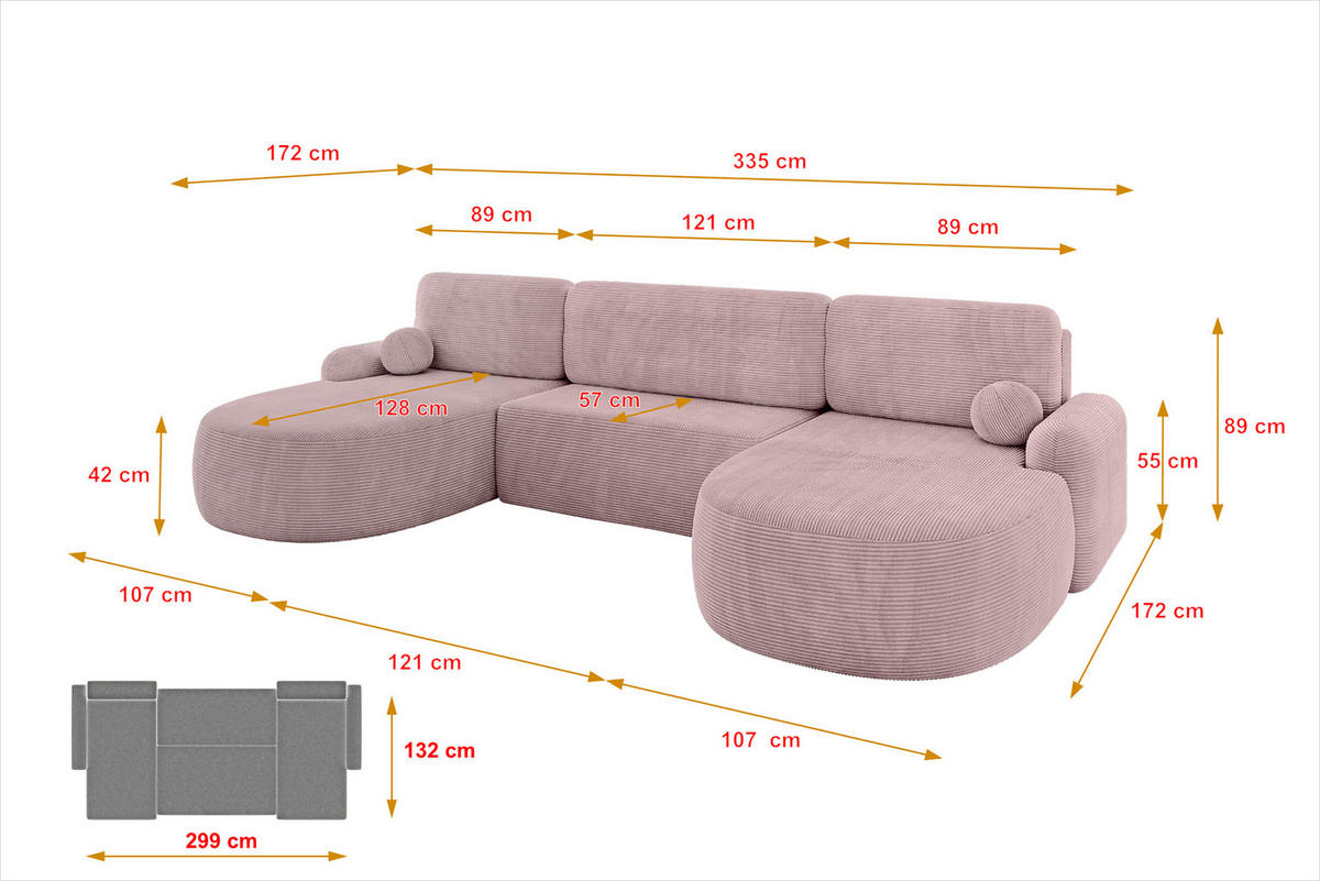 WOHNLANDSCHAFT mit Schlaffunktion und Bettkasten LIRA-U - 335x172x89 Rosa - Rosa, Holzwerkstoff/Textil (335/89/172cm) - ALTDECOR