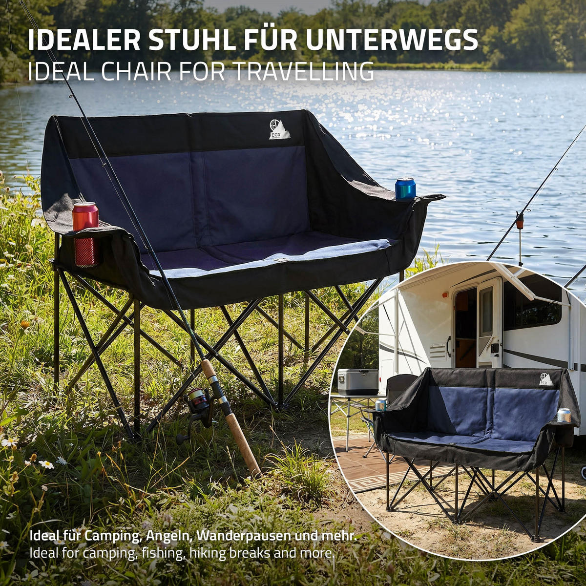 SKLÁDACÍ KEMPINGOVÁ ŽIDLE pro 2 osoby, modrá, s ocelovou konstrukcí, 54,5 x 145,92 cm - modrá, textil (145/92/54.5cm) - ECD-Germany