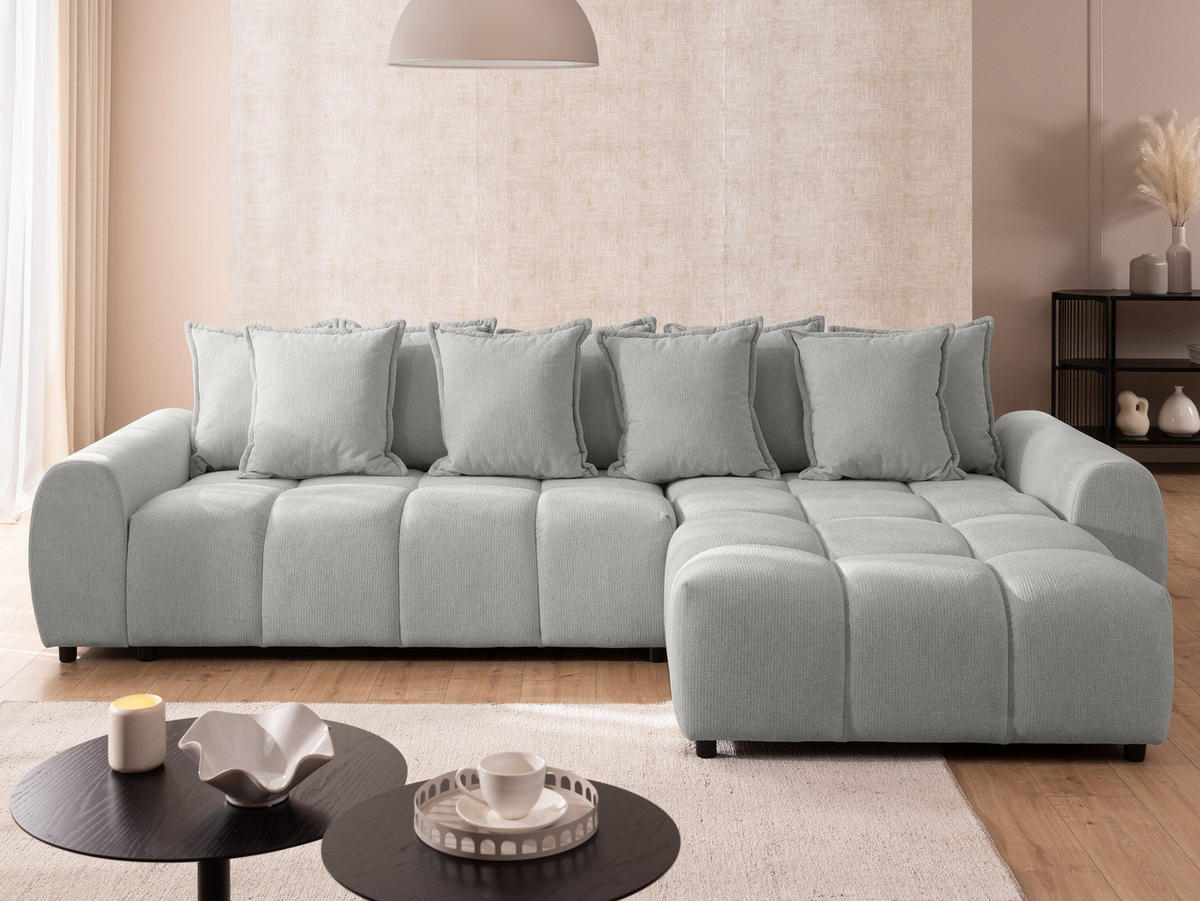 ECKSOFA Bubble mit losen Rückenkissen und Sitzfläche in Bubble-Optik aus weichem Hellgrau Strukturstoff mit schöner Sitzkomfort - Ottomane rechts - Hellgrau/Schwarz, Holz/Kunststoff (180/306cm) - S-Style Möbel