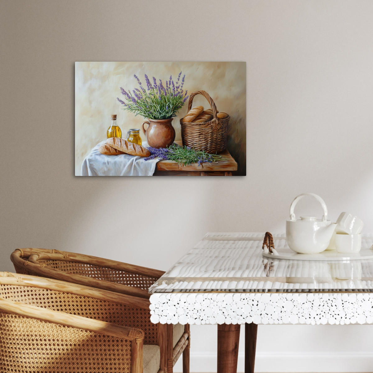 LEINWANDBILD Lavendel - Brot - Stilleben Gemälde 60x40 cm - Flieder, Textil (60/40cm) - MuchoWow