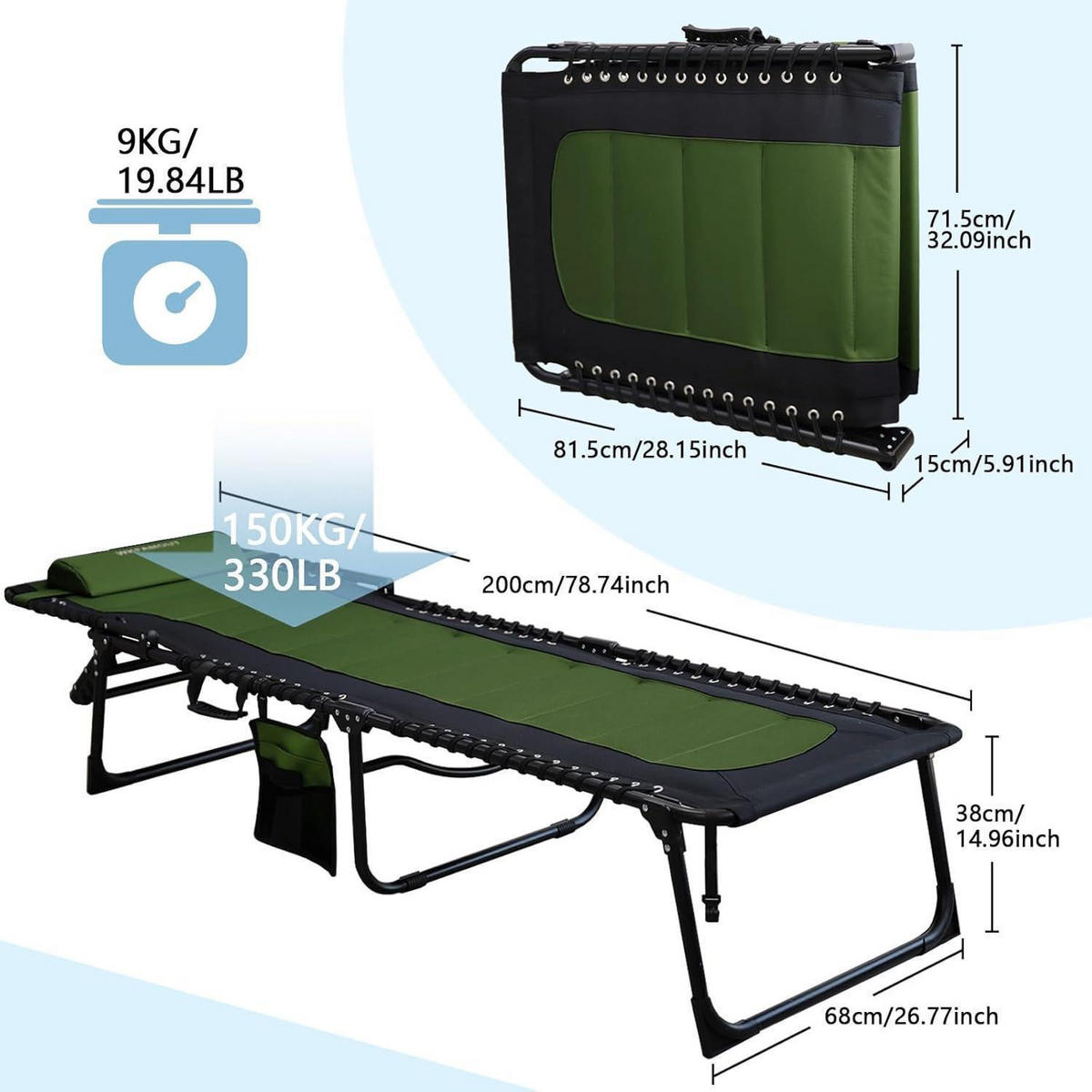SONNENLIEGE Klappbar Grün 200x68 CM - Grün, Textil (71.5/15/81.5cm)