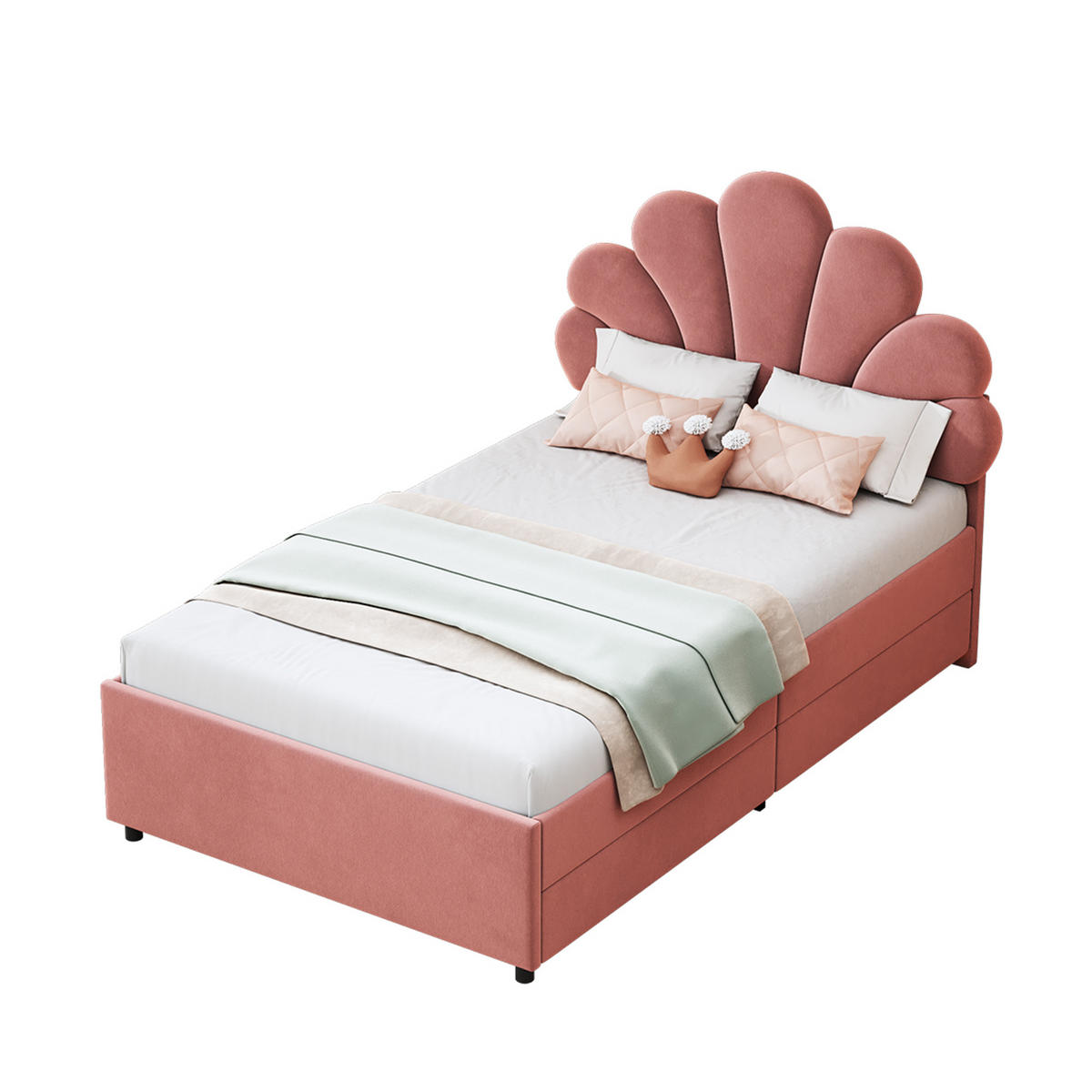 POLSTERBETT 90/200 cm Bohnenrot aus Samt mit 2 Schubladen - Dunkelrosa, Textil (90/200cm) - OKWISH