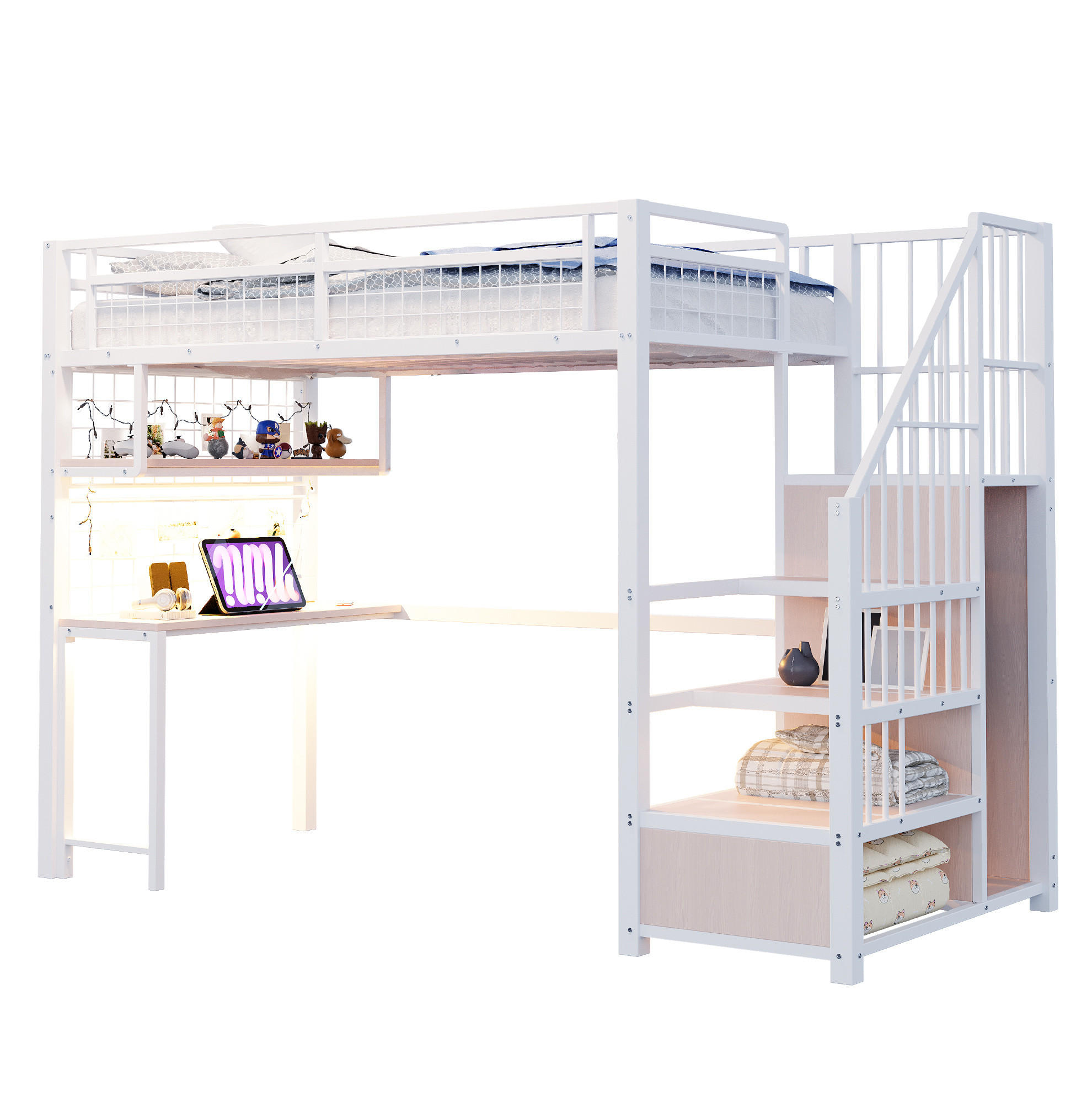 HOCHBETT mit Schreibtisch 90/200 cm in Weiß – mit Stauraumtreppe und Kleiderschrank - Weiß, Metall (90/200cm) - BEAOK