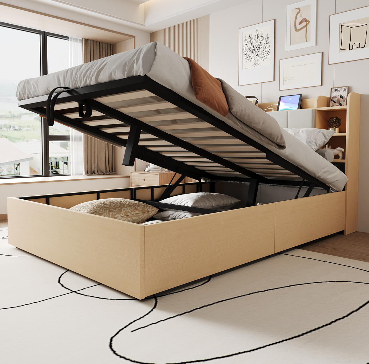 BETT 140/200 cm aus MDF mit USB-Anschluss, Naturholz - Naturfarben, Holzwerkstoff (140/200cm) - OKMYHOME