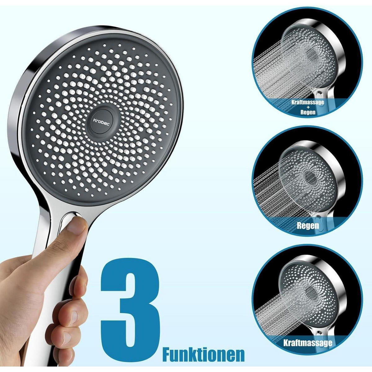 HANDBRAUSE 130 mm mit 3 Strahlarten Chrom - Silberfarben, Kunststoff (13/6/26cm)