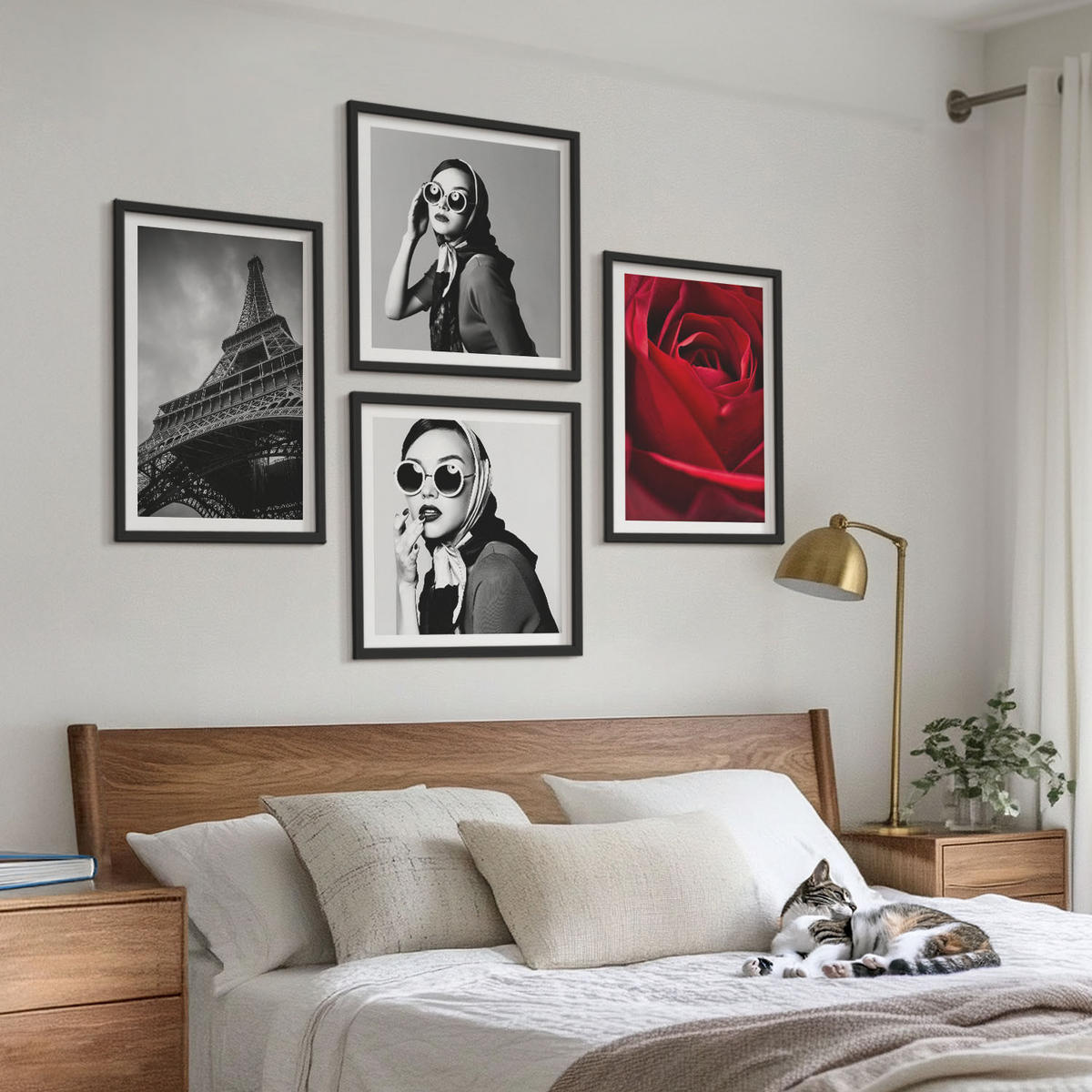 BILDER SET 4er Set - 50x50 cm & 40x60 cm Schwarzer Rahmen - Pariserin mit Eiffelturmbrille - Schwarz, Kunststoff (50/50cm) - TULUP
