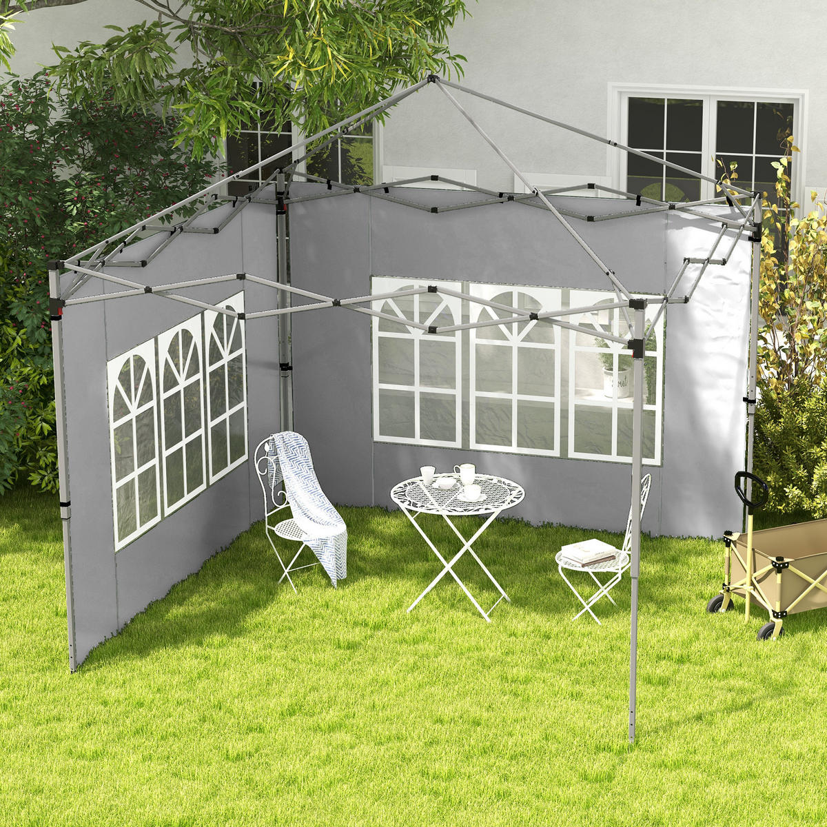 2ER-SET Seitenteile für Pavillon 3x3/3x4 m, Seitenwand mit Fenster, wasserdicht - Hellgrau, Textil (295/195/1cm) - Outsunny