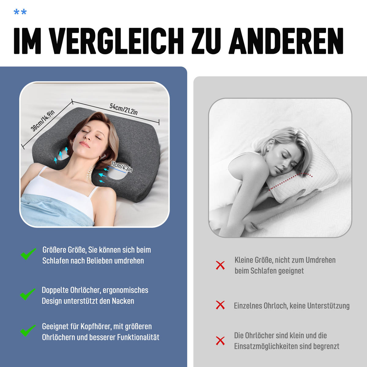 OHRKISSEN Geeignet für Seitenschläfer - Dunkelgrau, Textil (38/54cm) - Vercart