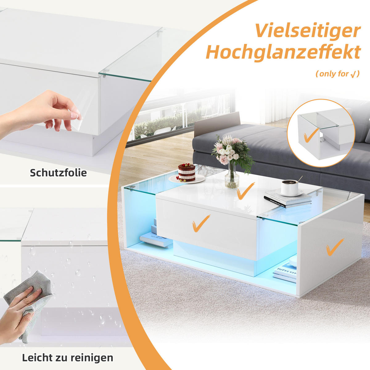 COUCHTISCH aus Spanplatte & Glas 100x50x31 cm in Weiß mit LED & 1 Schublade - Weiß, Holzwerkstoff (100/50/31cm) - Modfu