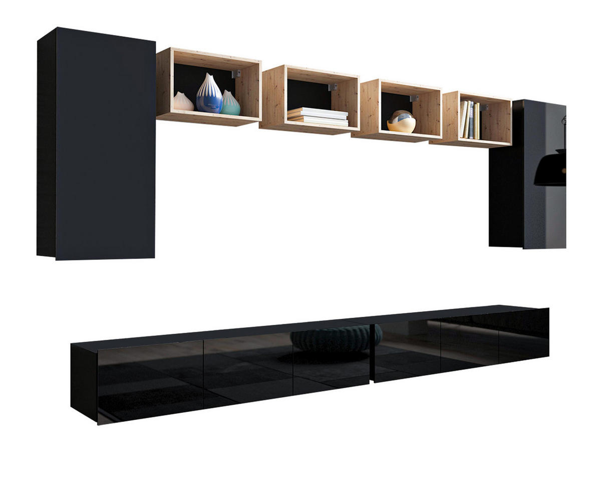 WOHNWAND Kossana 35 Modern Goldene Eiche/Schwarz 300/154/43 cm Wohnwand Set - Schwarz, Holzwerkstoff/Kunststoff (300/158/43cm) - AX Living