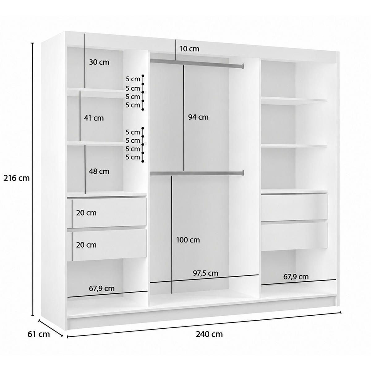 KLEIDERSCHRANK Nox 240 cm Graphit Spiegel 4 Schubladen Griffe silber - Graphitfarben, Holzwerkstoff (240/216/61cm) - KS Home Concept