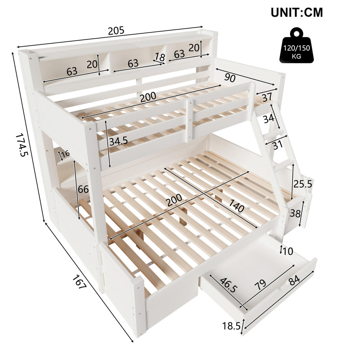 ETAGENBETT 90/200 + 140/200 cm in Weiß mit LED-Beleuchtung und Stauraum - Weiß, Holz - BEAOK
