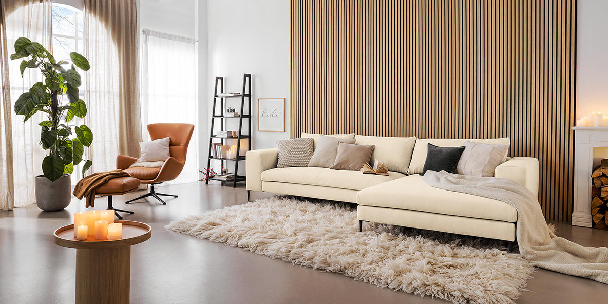 ECKSOFA mit Longchair - Beige, Textil/Metall (321/170cm) - home24