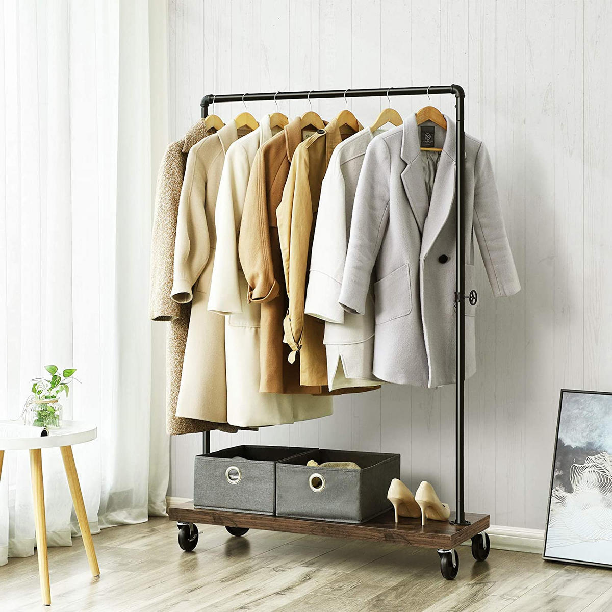 GARDEROBENSTÄNDER Rustikal Braun 103,5x40 cm HSR65BX Mit Rollen - Schwarz, Metall (103.5/162/40cm) - Edanti