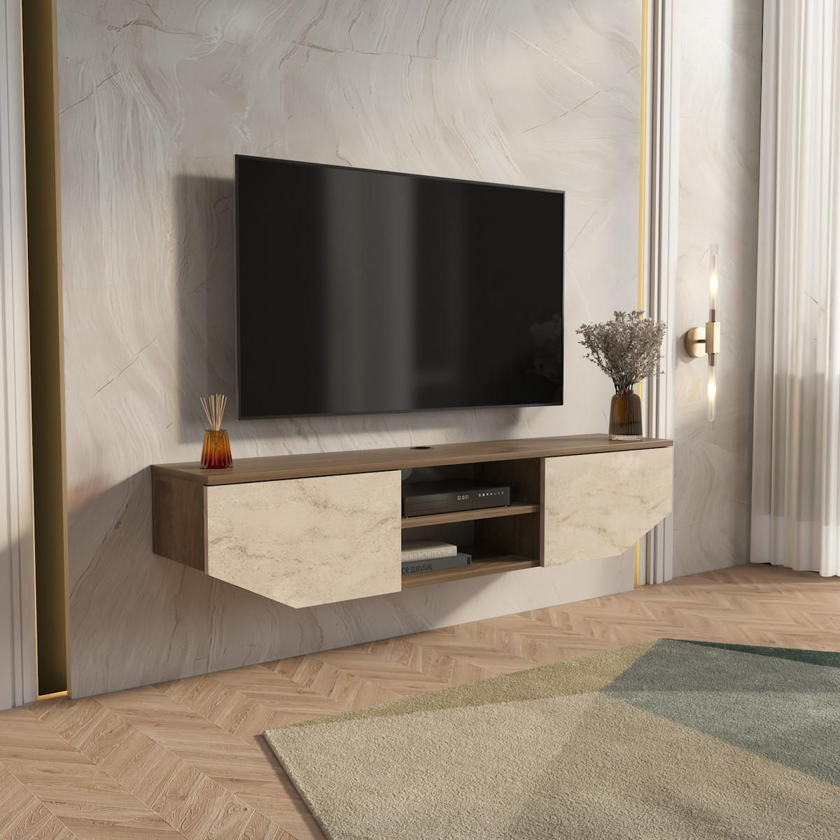 HÄNGENDE TV Einheit Hera Walnuss Travertin - Mokka, Holzwerkstoff (30/12.5/150cm) - Decorotika