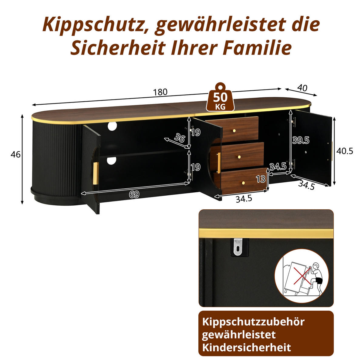 TV-ELEMENT 180/40/46 cm Schwarz mit 3 Schubladen und Aluminiumgriffe - Schwarz, Holz (180/46/40cm) - Oxeza