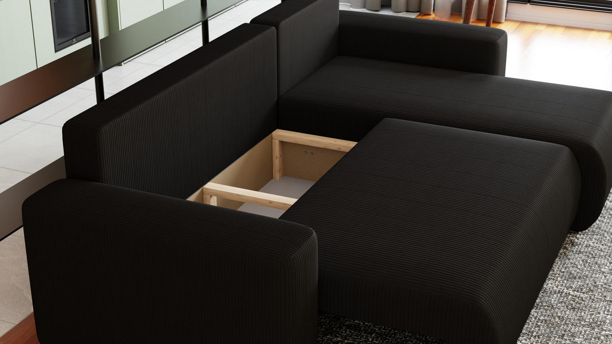 ECKSOFA Travis mit Bettkasten und Schlaffunktion, L-Form, Cord, Universal - Schwarz, Holzwerkstoff (248/148cm) - 4ALL HOME