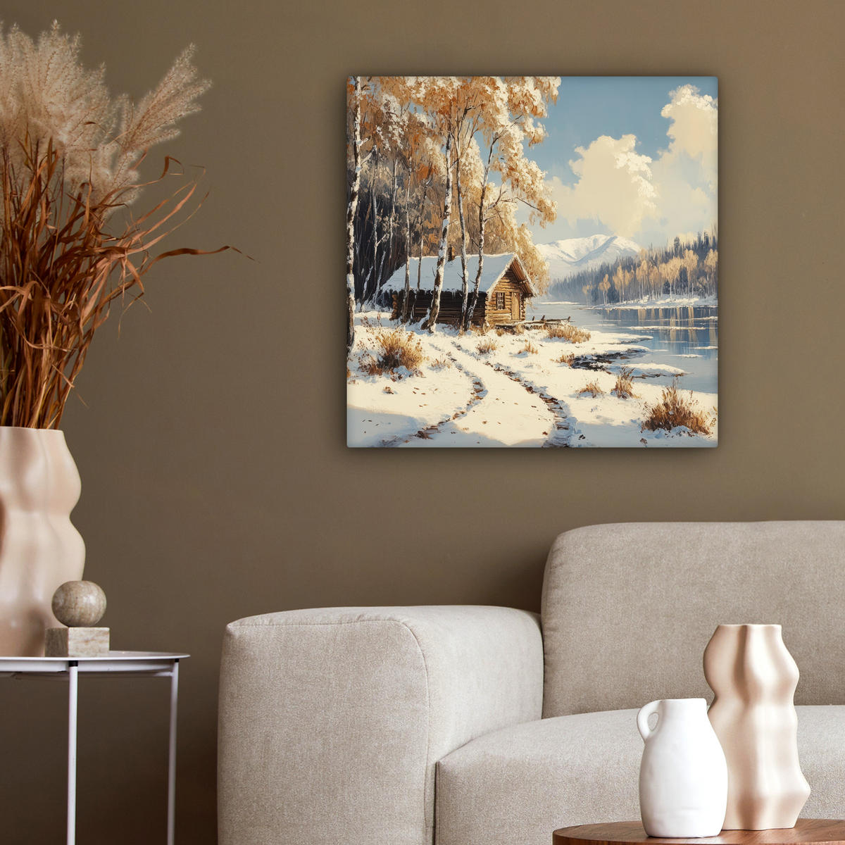 LEINWANDBILD Winter - Schnee - Zuhause - Natur 50x50 cm - Hellbraun, Textil (50/50cm) - MuchoWow