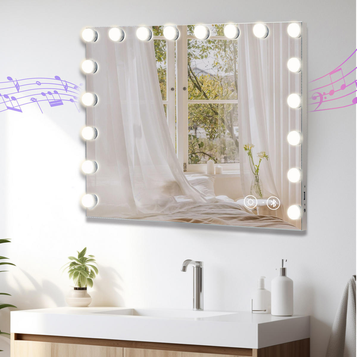 SCHMINKSPIEGEL mit LED-Beleuchtung und Bluetooth weiß 80/58 cm - Weiß, Metall (80/58/3cm) - VANITII