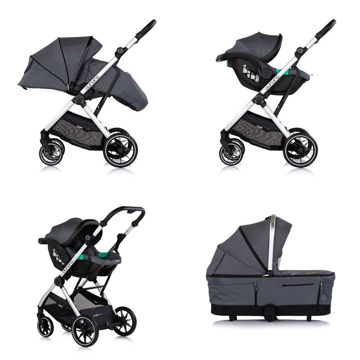 KOMBIKINDERWAGEN Aurora 3 in 1 dunkelgrau Babyschale Babywanne Sportsitz Tasche - Schwarz, Metall (84/57/112cm) - Chipolino