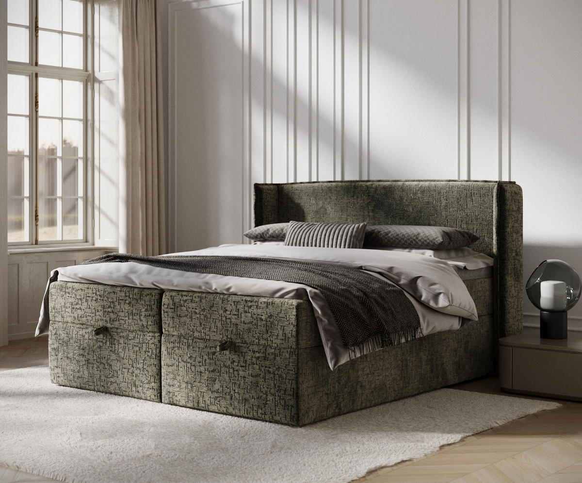 BOXBETT Passion Olivenfarbe 180/200 cm mit Matratze und Topper - Schwarz/Olivgrün, Holz/Holzwerkstoff (180/200cm) - Maison de Reve