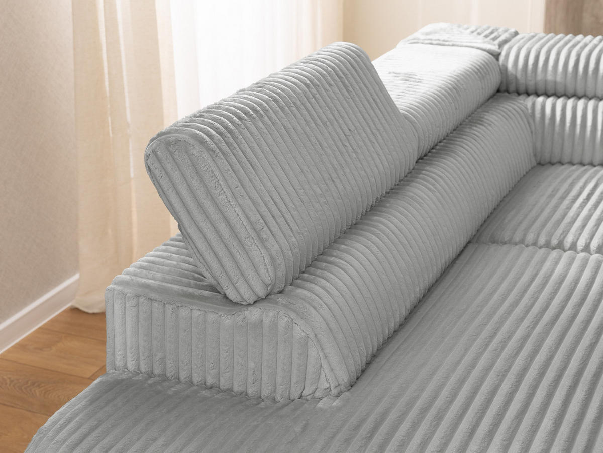 ECKSOFA mit Schlaffunktion und Bettkasten Bonnie aus Hellgrau Cord-Stoff mit verstellbaren Kopfstützen und Armlehne - Ottomane links - Hellgrau/Schwarz, Holz/Textil (275/210cm) - S-Style Möbel