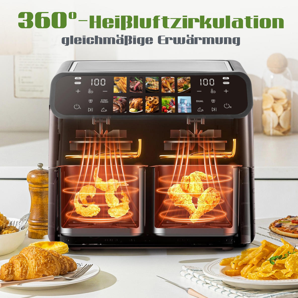 HEISSLUFTFRITTEUSE 9L 10-in-1 & Dual-Kammer, LED-Display - Schwarz, Metall (36/31/32cm)