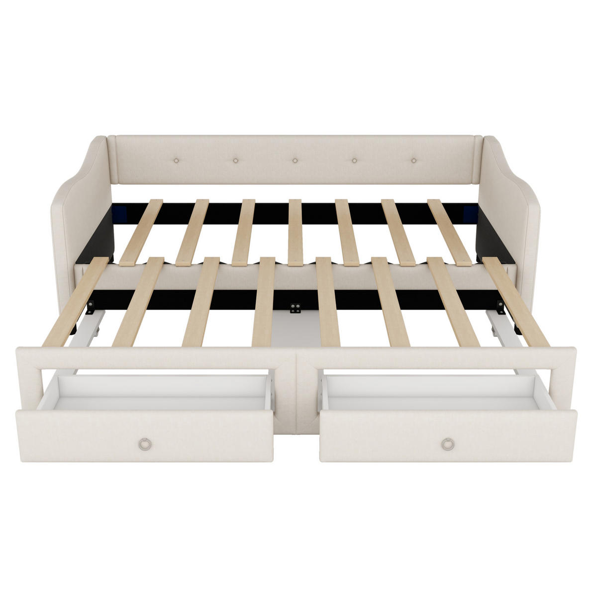 TAGESBETT 90/200 cm mit ausziehbarem Rollbett, 2 Schubladen und Leinenbezug, Beige - Beige, Textil (90/200cm) - Redom