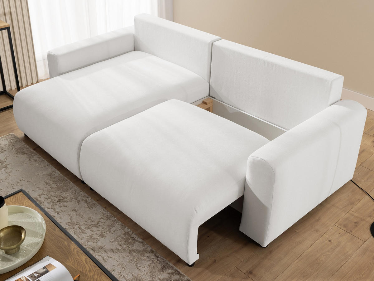 ECKSOFA Calma mit Schlaffunktion und Bettkasten im Bumpy-Design aus weichem Creme Webstoff - Ottomane links - Creme/Schwarz, Holz/Kunststoff (239/140cm) - S-Style