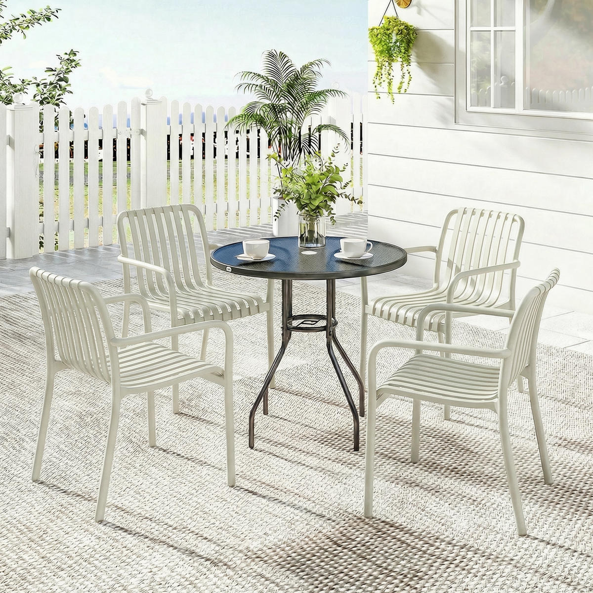 GARTENSTÜHLE 4er Set Stapelbare Terrassenstühle mit Lamelldesign Armlehnen, Ergonomisch Cremeweiß - Creme, Kunststoff (58.5/81.5/55cm)