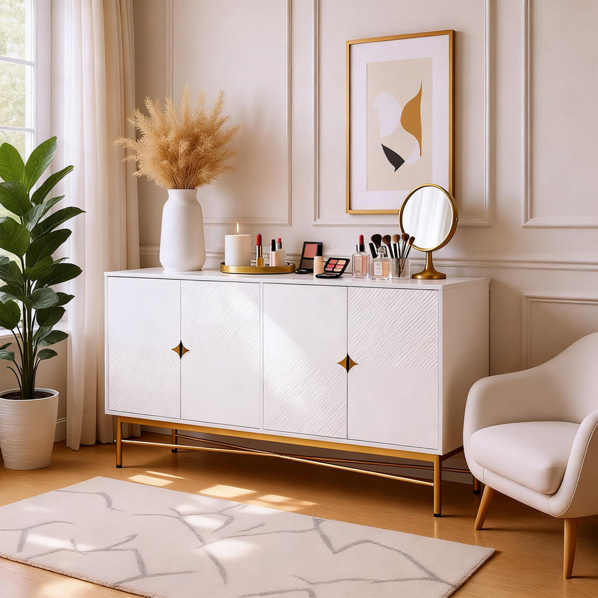 SIDEBOARD in Weiß und Gold, erhabene Textur und 4 Türen - Weiß, Holzwerkstoff (160/82/40cm) - Urban Meuble
