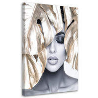 LEINWANDBILD Frau mit goldenen Blättern auf dem Kopf 70x100cm - Grau, Textil (70/100cm) - Feeby