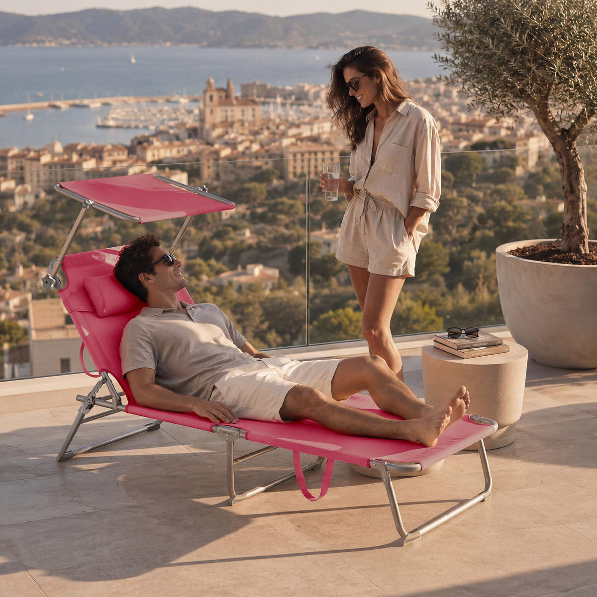 SONNENLIEGE Chloé, 190 x 68 x 111 cm, mit Seitentasche, pink - Pink, Kunststoff (68/65/190cm) - tectake