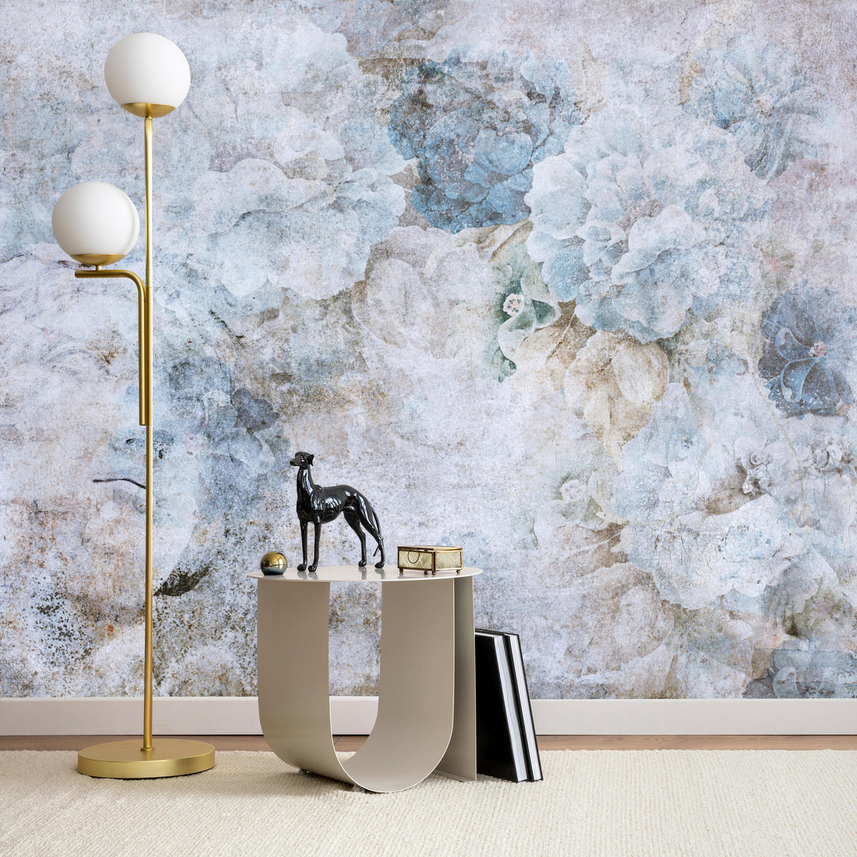 FOTOTAPETE Blaue Blumen Beton Vintage 400x280 - Grau, Papier (400/280cm) - Muralo